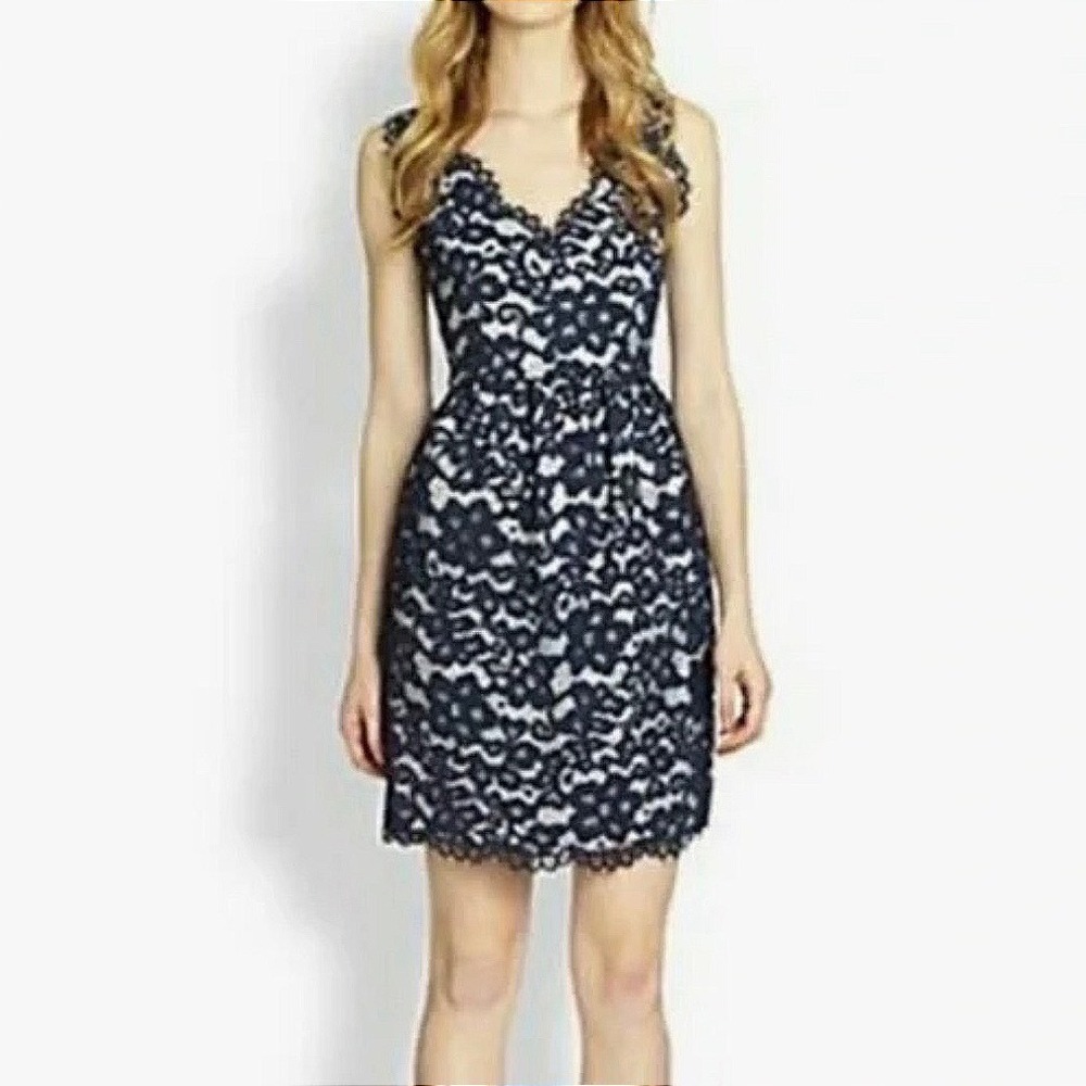 Shoshanna Navy Blue White Floral Lace V-Neck Cocktail Dress Size 2